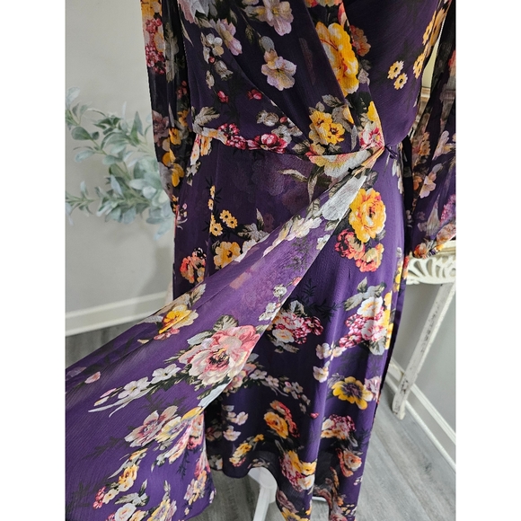 DKNY Purple Floral Print Chiffon Faux Wrap Puff Sleeve Midi Dress Size 10 - Picture 6 of 9